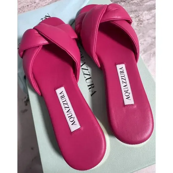 New Aquazzura Olie Pink Soft Leather Raffia Flat Slide on Sandals Size 35 - Picture 2 of 12